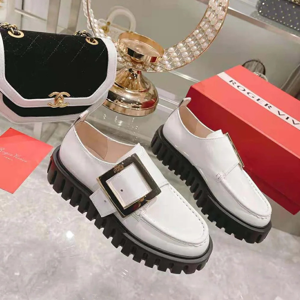 Roger Vivier Viv' Go-Thick Metal Buckle Loafers in Patent Leather for Women in White Roger Vivier Viv' Go-Thick Metal Buckle Loafers in Patent Leather for Women in White