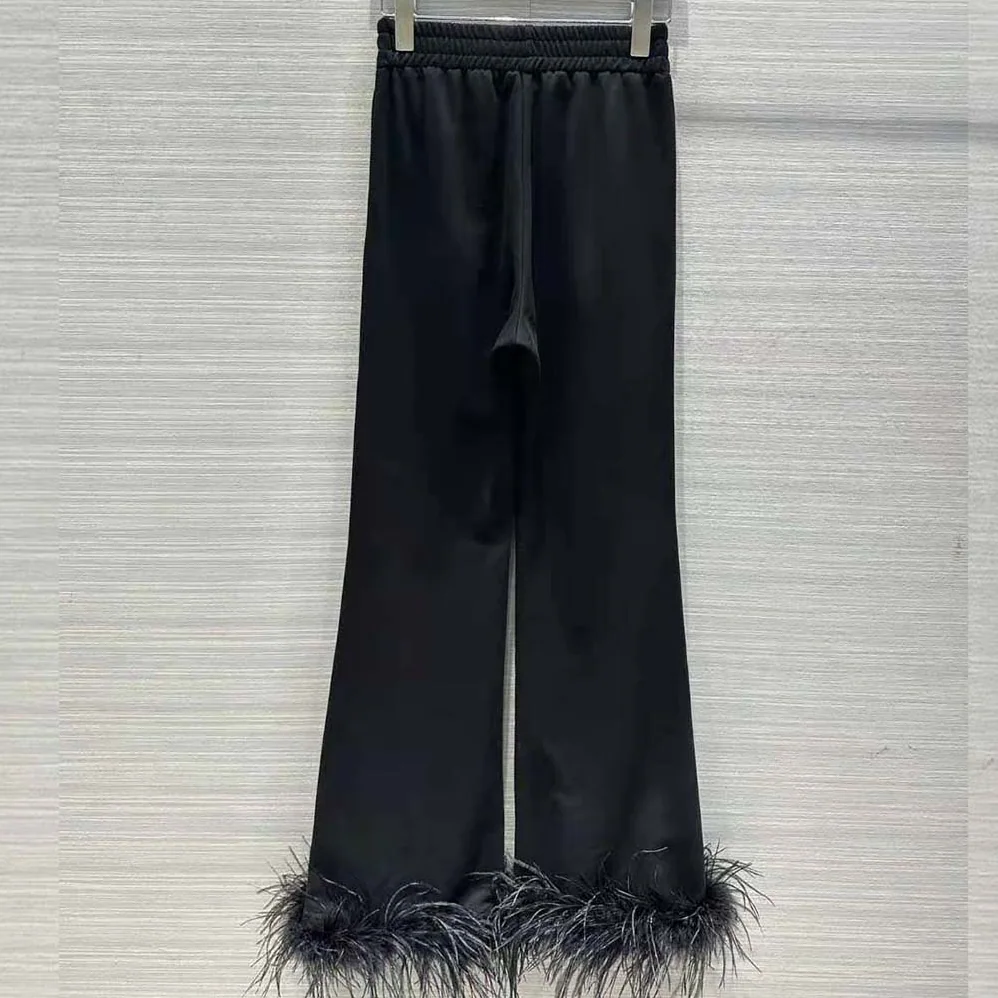 Prada Cotton Fleece Joggers with Feather Trim for Women in Black Prada Cotton Fleece Joggers with Feather Trim for Women in Black