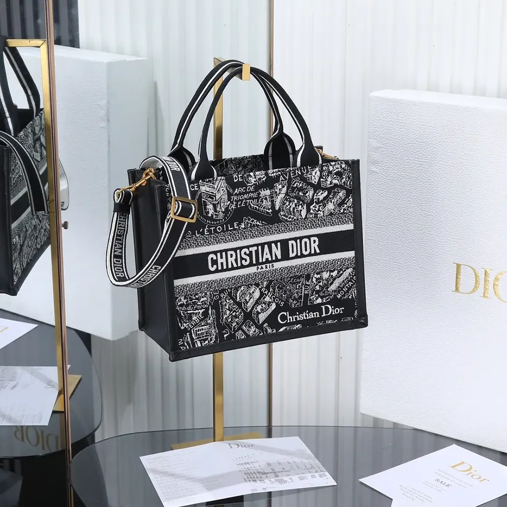 Dior Small Dior Book Tote Black and White Plan de Paris Embroidery with Black Calfskin for Women
