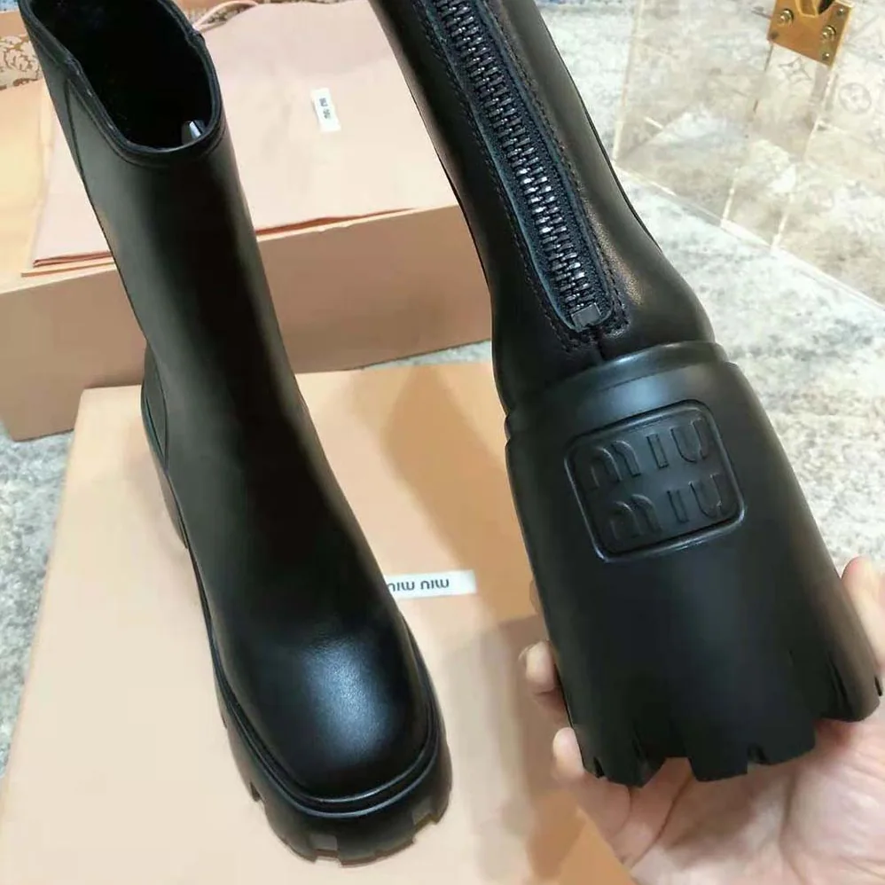 Miu Miu Leather Booties with EVA Sole with Logo for Women