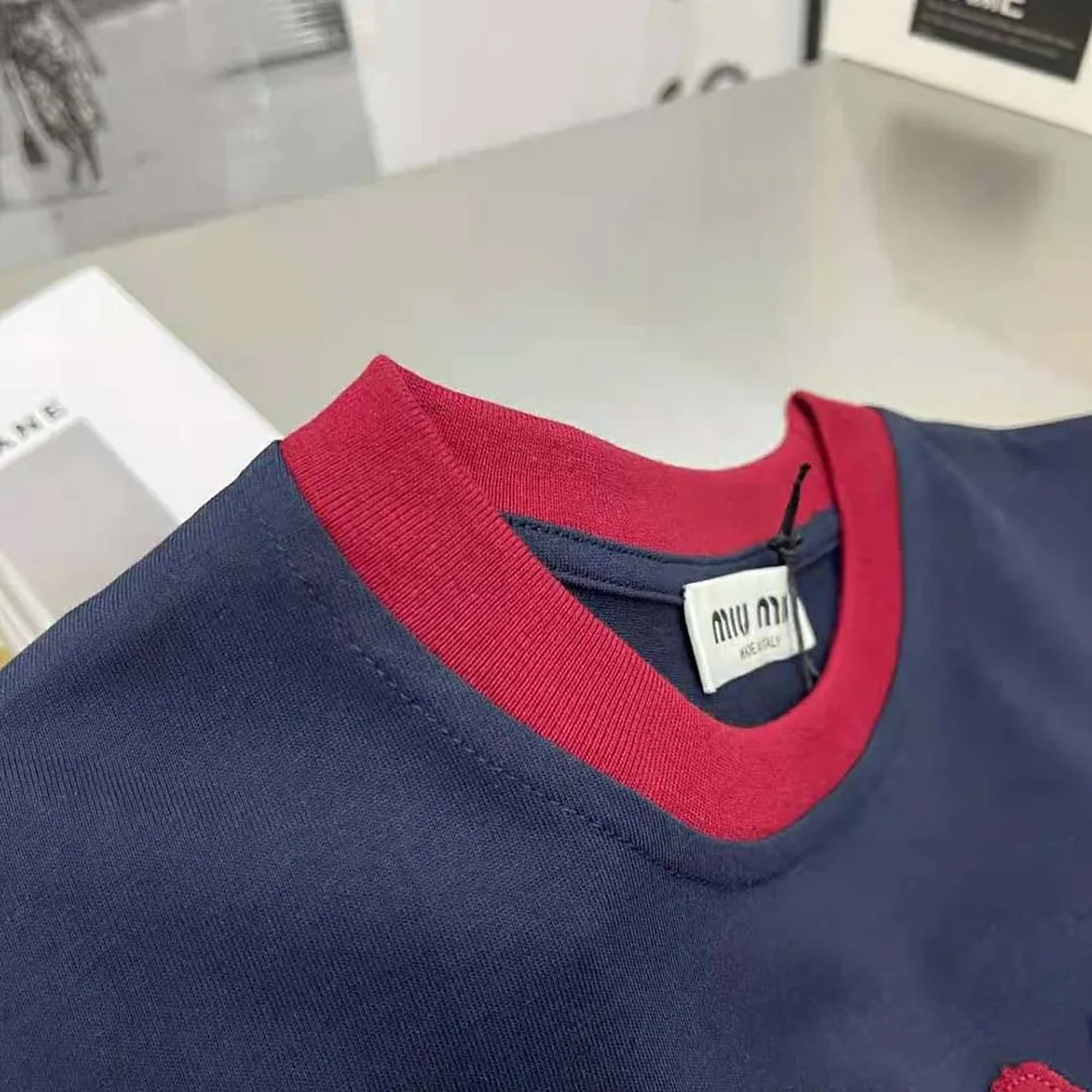 Miu Miu Jersey T-shirt with Embroidered Logo for Women in Navy Miu Miu Jersey T-shirt with Embroidered Logo for Women in Navy