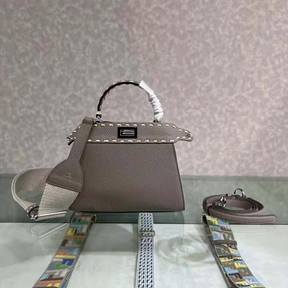Fendi Peekaboo Iconic Mini Full Grain Leather Bag for Women in Silver