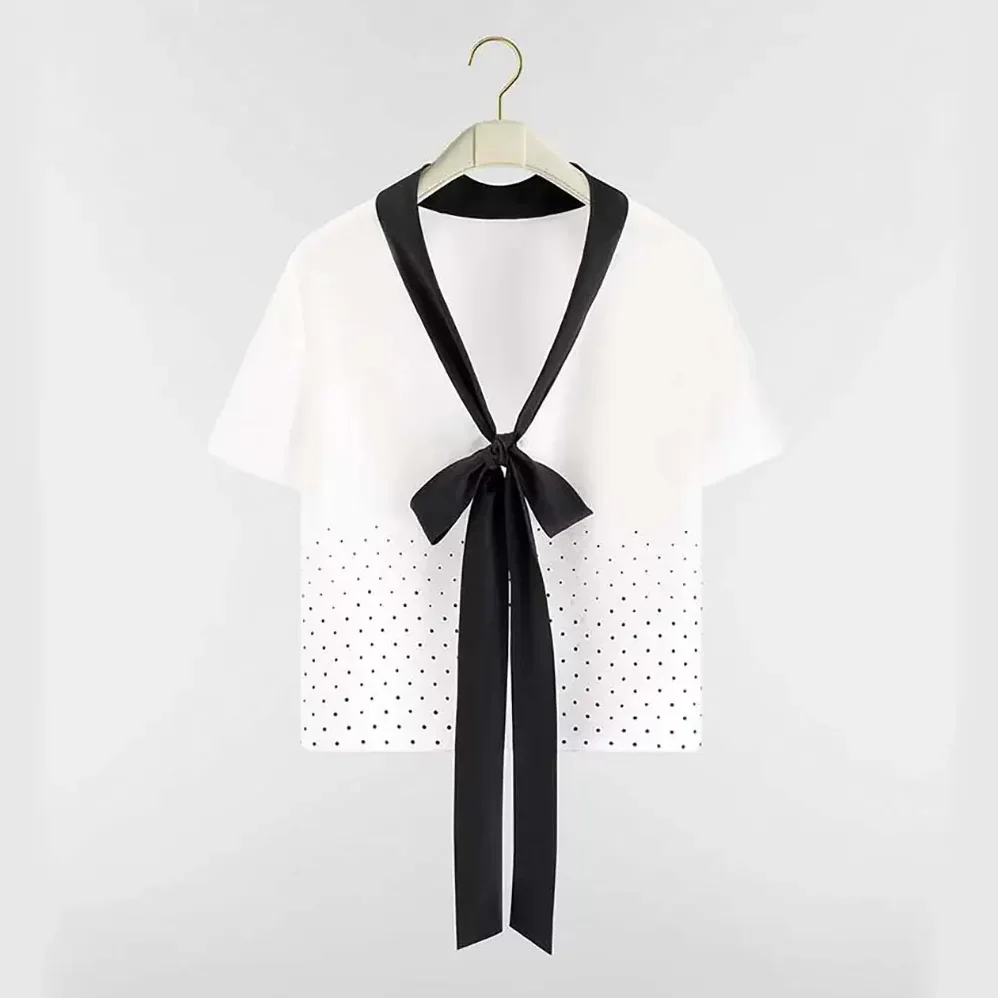 Dior Short-Sleeved Blouse with Rear Tie White Silk Twill with Black PolkaDior Motif for Women Dior Short-Sleeved Blouse with Rear Tie White Silk Twill with Black PolkaDior Motif for Women