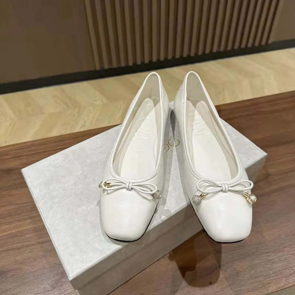 Jimmy Choo Elme Flat Latte Nappa Leather Flats with Pearl Embellishment for Women Jimmy Choo Elme Flat Latte Nappa Leather Flats with Pearl Embellishment for Women