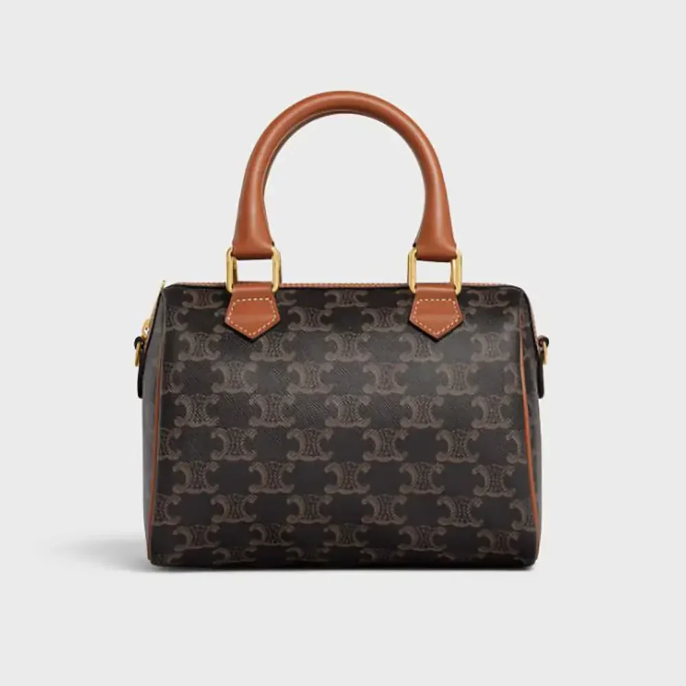 Celine Small Boston in Triomphe Canvas and Calfskin for Women in Tan