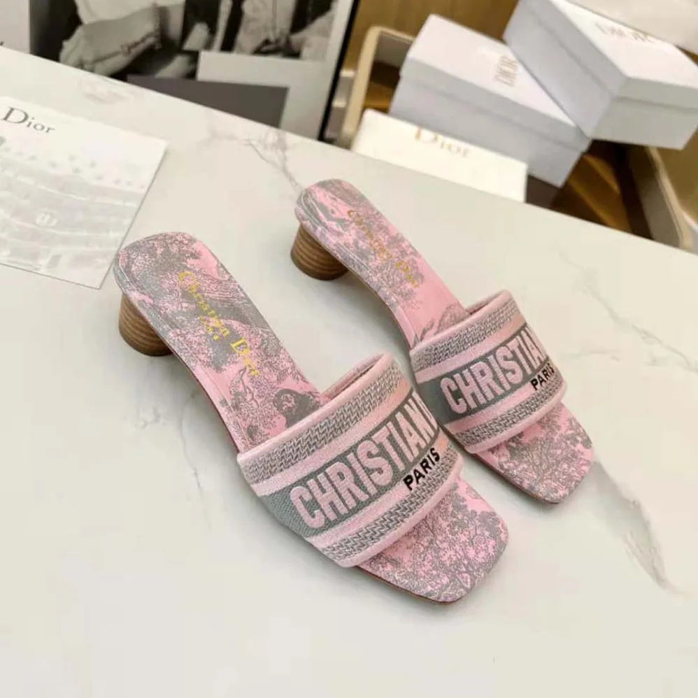 Dior Dway heeled Slide Gray and Pink Embroidered Cotton with Toile de Jouy Reverse Motif for Women