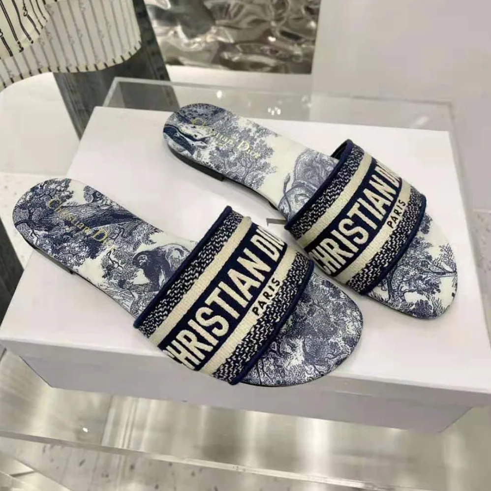 Dior Dway Slide Blue Cotton Embroidery for Women