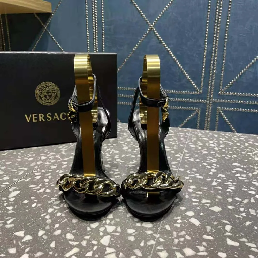 Versace Medusa Chain High Heel Sandals for Women in Black Versace Medusa Chain High Heel Sandals for Women in Black
