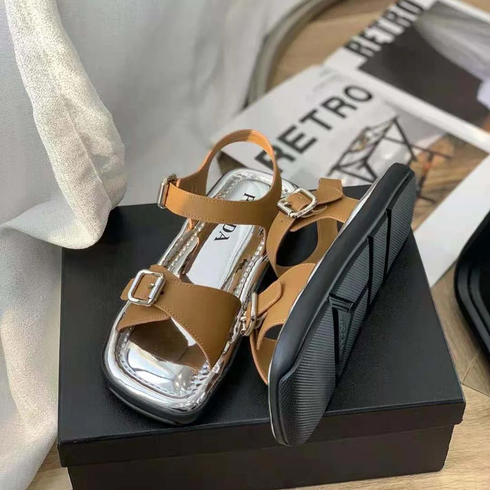 Prada Flat Rectangular Leather Sandals for Women in Brown Prada Flat Rectangular Leather Sandals for Women in Brown