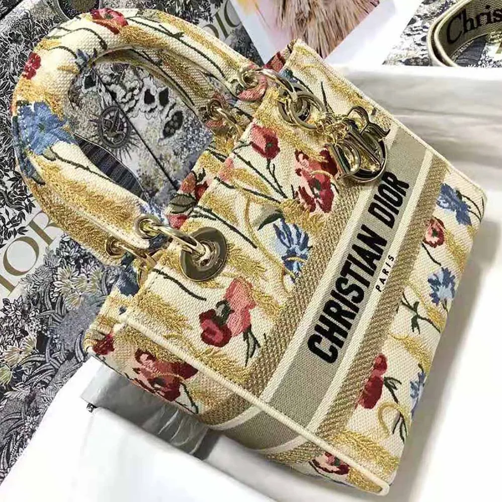 Dior Medium Lady D-lite Bag Beige Multicolor Dior Hibiscus Metallic Thread Embroidery for Women