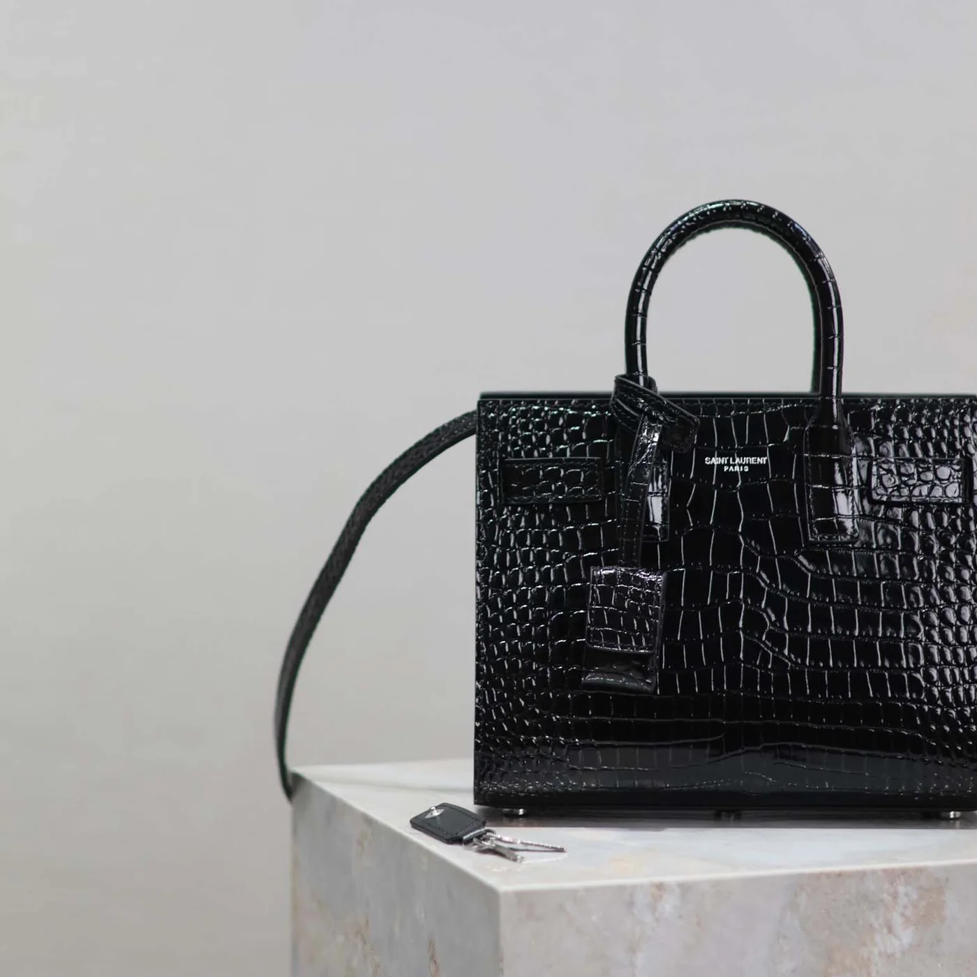 Saint Laurent YSL Sac De Jour in Crocodile Embossed Leather Nano for Women in Black