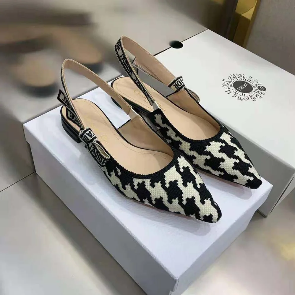 Dior J'Adior Slingback Ballerina Flat Black and White Cotton Embroidery for Women