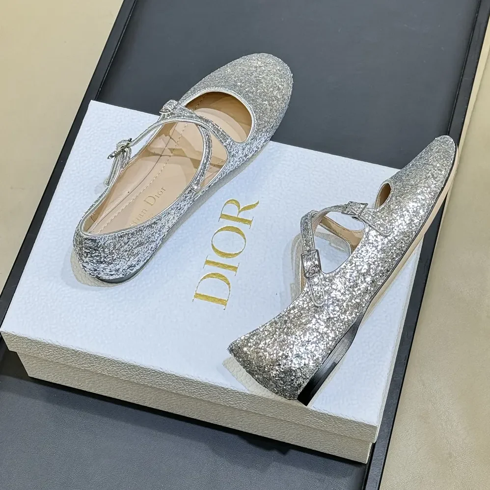 Dior Very Dior Ballet Flat Silver-Tone Laminated Lambskin and Glitter for Women Dior Very Dior Ballet Flat Silver-Tone Laminated Lambskin and Glitter for Women