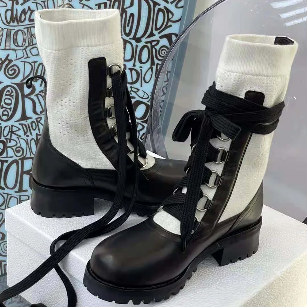 Dior Diorland Lace-up Boot Black Calfskin and White Cotton for Women Dior Diorland Lace-up Boot Black Calfskin and White Cotton for Women