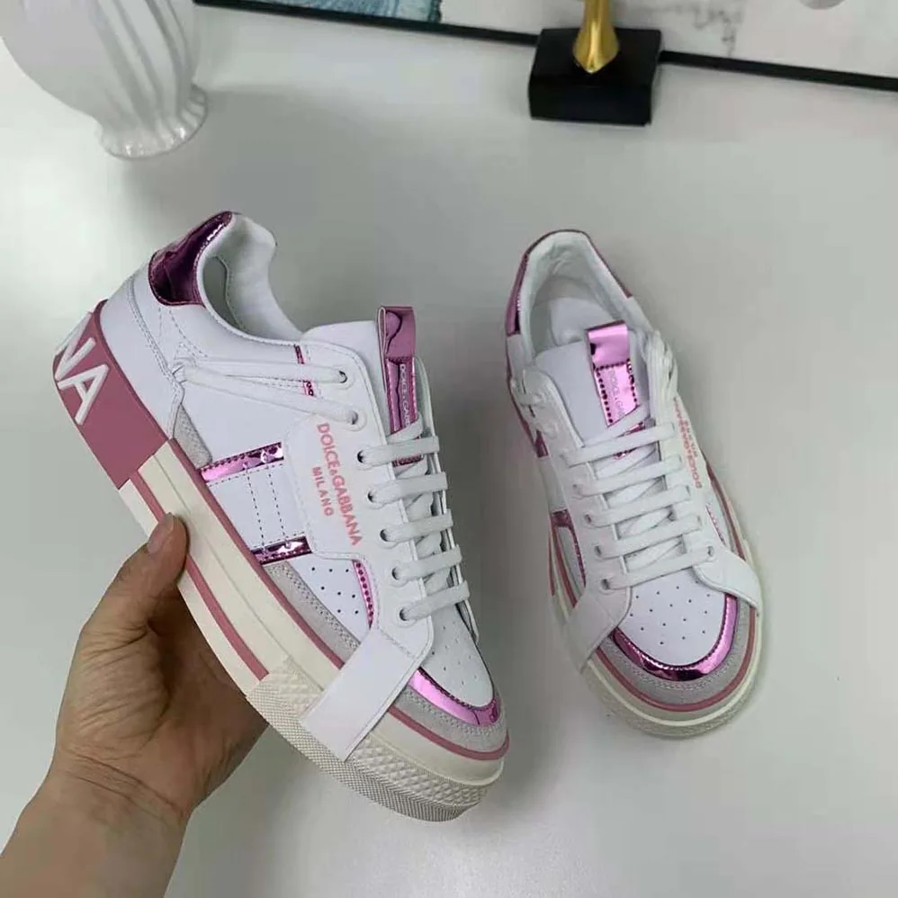 Dolce Gabbana D&G Calfskin 2.Zero Custom Sneakers with Contrasting Details for Women in Pink