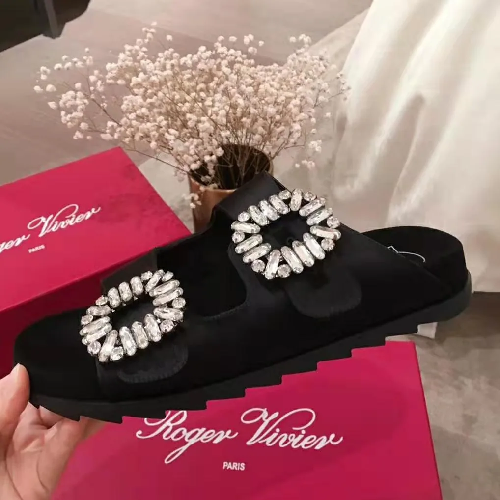 Roger Vivier Slidy Viv' Strass Buckle Sandals Silk Satin for Women in Black Roger Vivier Slidy Viv' Strass Buckle Sandals Silk Satin for Women in Black