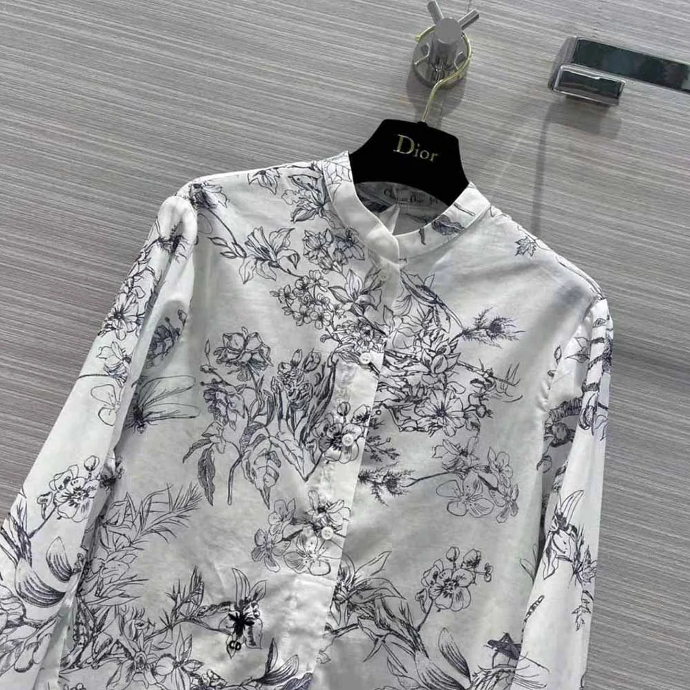 Dior Long Blouse Navy Blue Cotton Voile with Toile de Jouy Flowers Motif for Women
