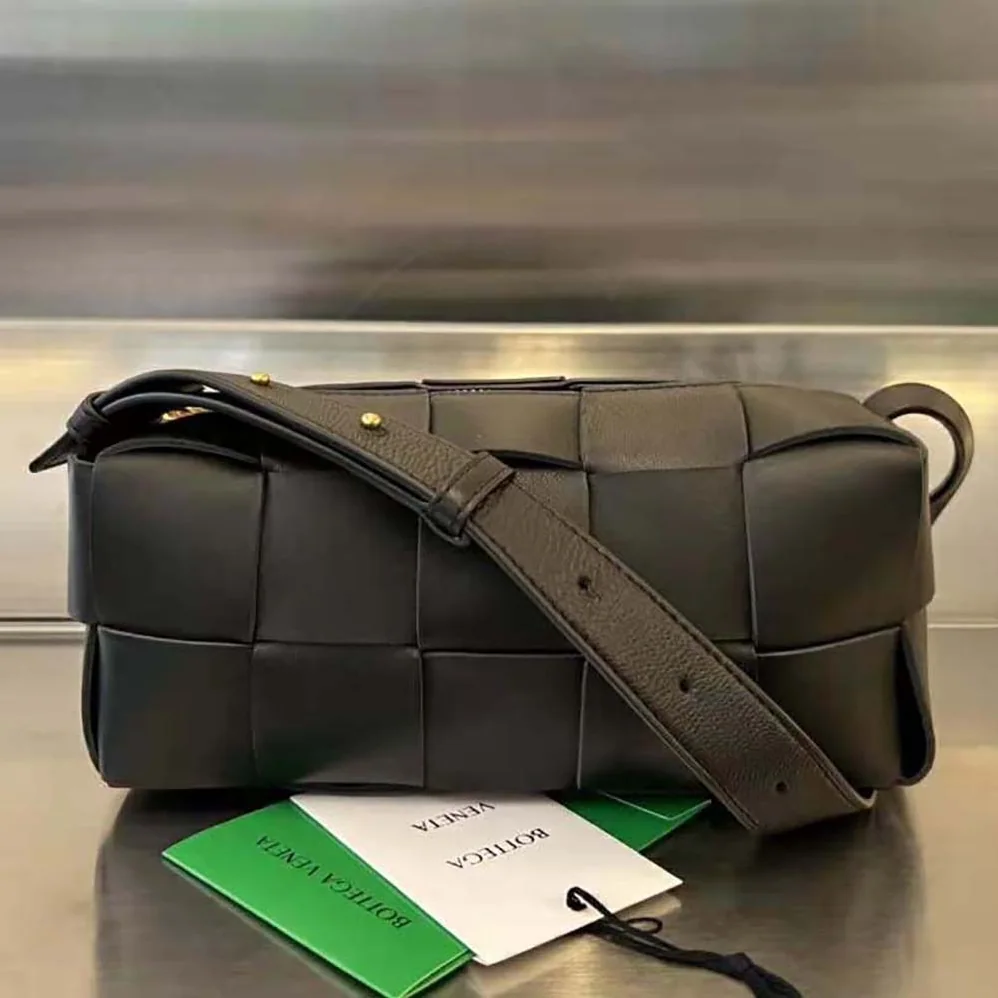 Bottega Veneta Small Brick Cassette Intreccio Leather Shoulder Bag for Women in Black