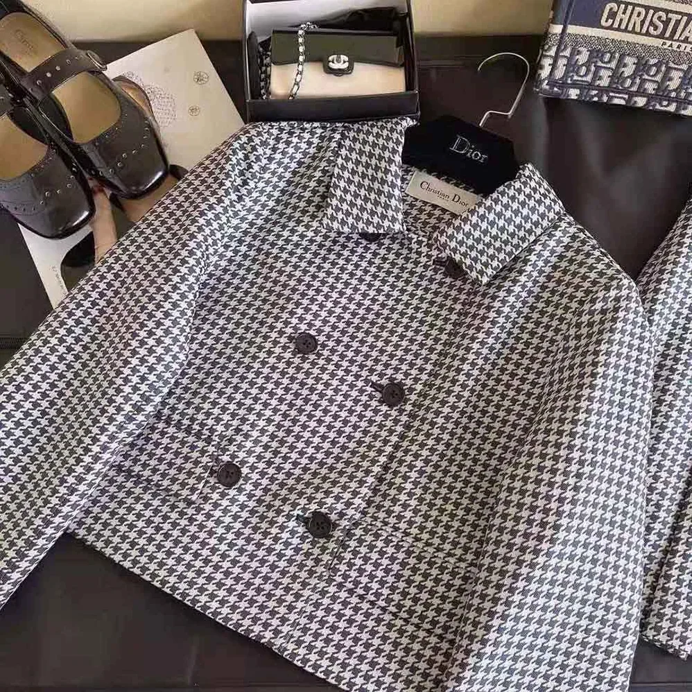 Dior Cropped Jacket Navy Blue Technical Cotton Jacquard with Micro Houndstooth Motif for Women