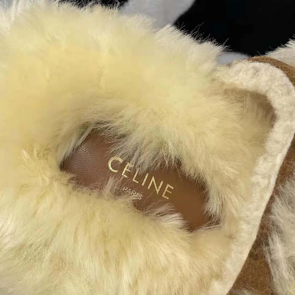 Celine Fur Slides Triomphe Closed Slipper in Suede Calfskin and Shearling for Women Celine Fur Slides Triomphe Closed Slipper in Suede Calfskin and Shearling for Women
