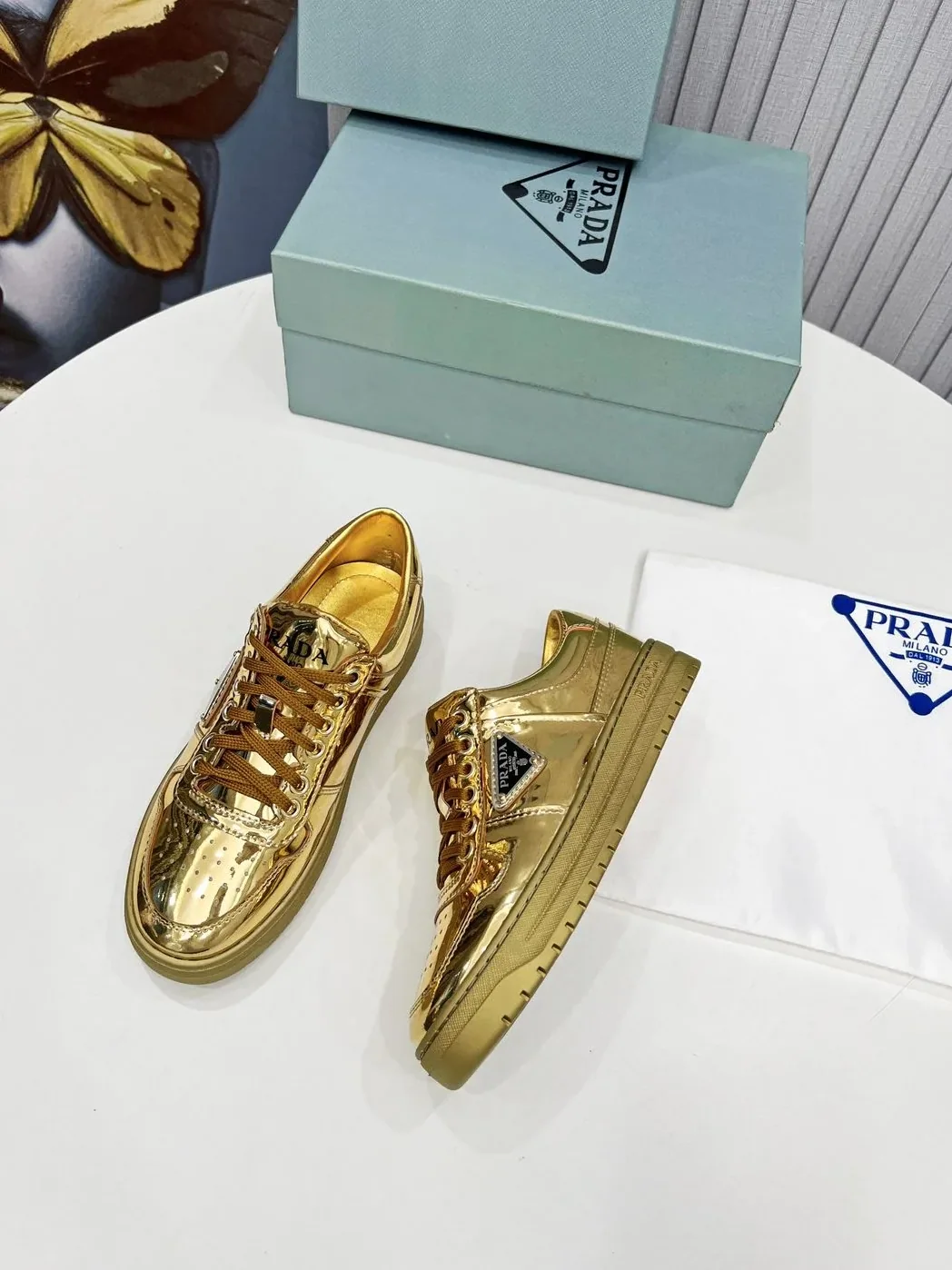 Prada Downtown Metallic Sneakers Gold Tone / 1E792M_3AU1_F0522_F_030