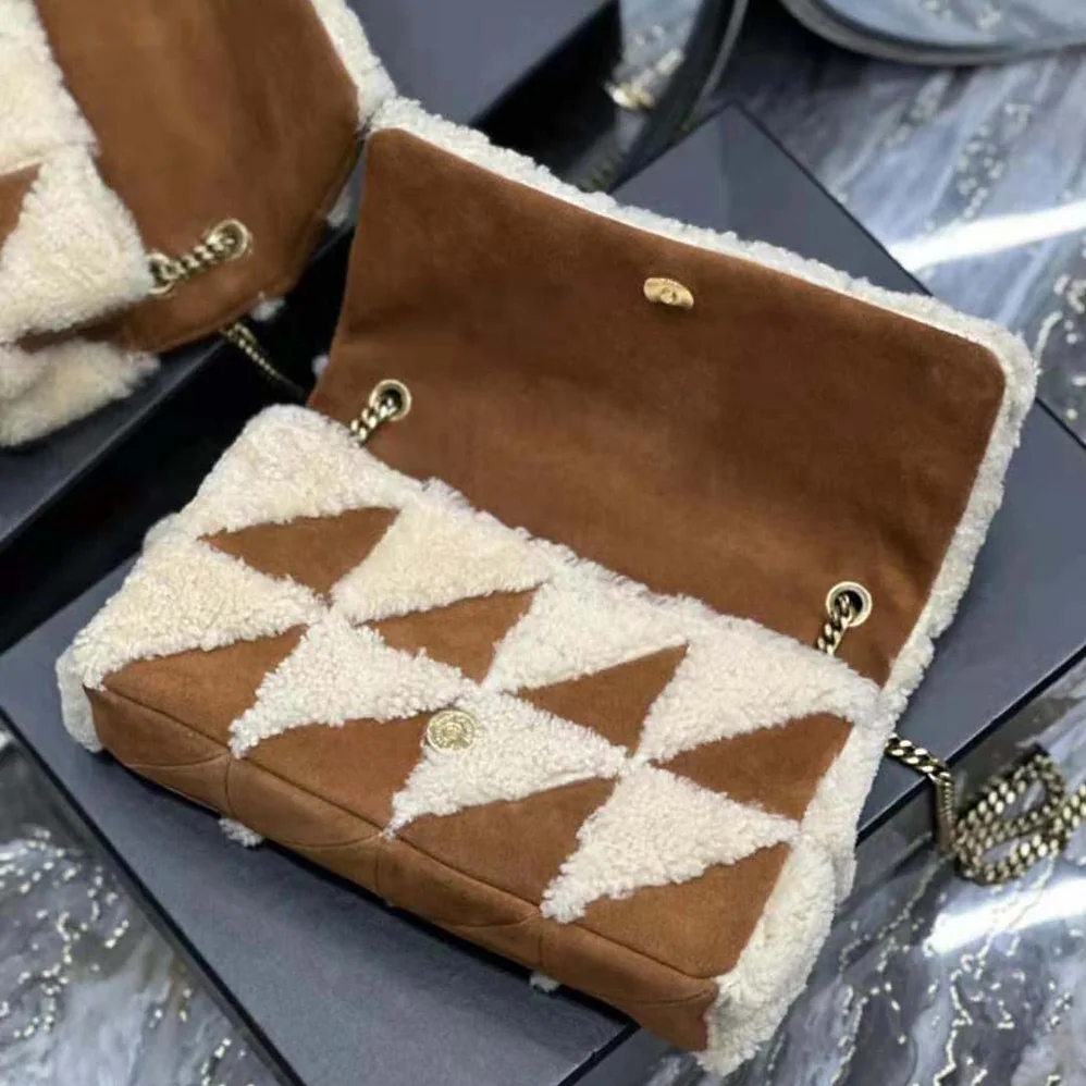 Saint Laurent YSL Jamie Medium Chain Bag “Carré Rive Gauche” in Suede and Shearling Patchwork for Women