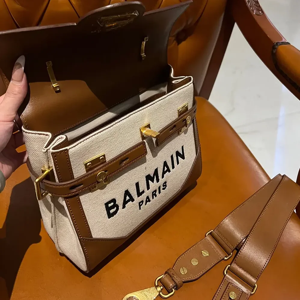 Balmain Bi-material Canvas and Ecru Calfskin B for Women in Buzz Bag Balmain Bi-material Canvas and Ecru Calfskin B for Women in Buzz Bag