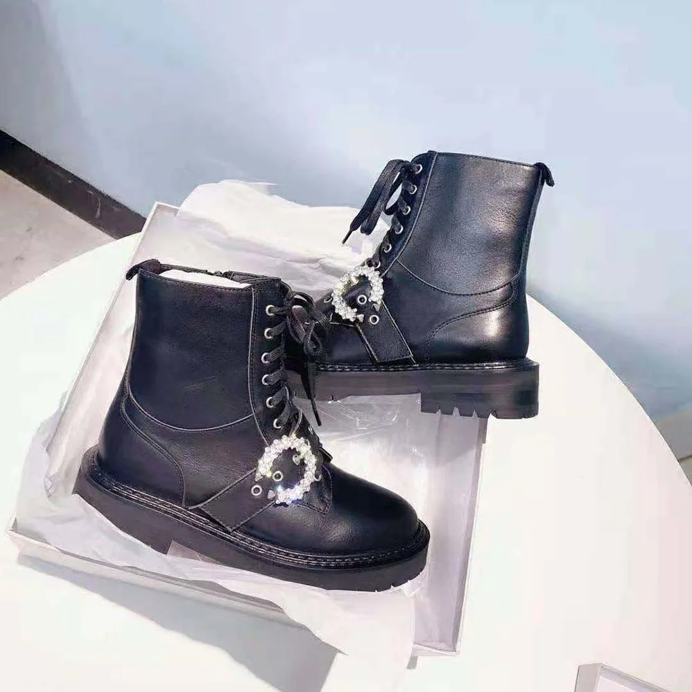 Jimmy Choo Cora Flat/Crystal Black Soft Calf Leather Combat Boots with Crystal Buckle for Women Jimmy Choo Cora Flat/Crystal Black Soft Calf Leather Combat Boots with Crystal Buckle for Women