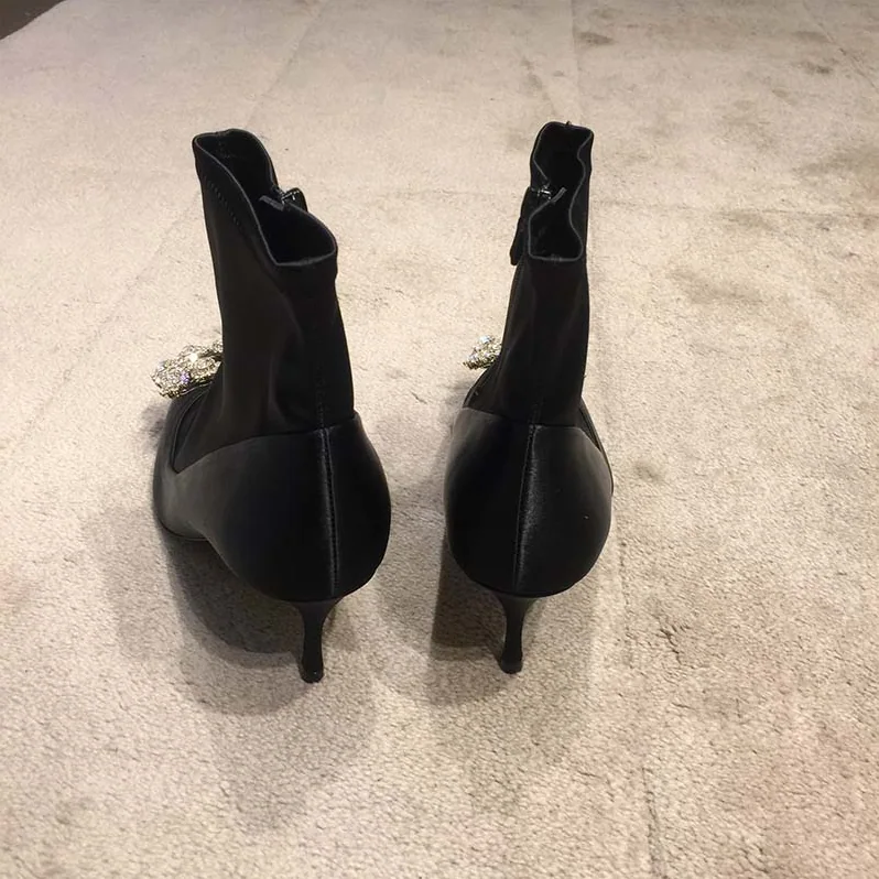 Roger Vivier Shoes Flower Strass Buckle Booties in Satin Silk 60mm Heel for Women in Black Roger Vivier Shoes Flower Strass Buckle Booties in Satin Silk 60mm Heel for Women in Black
