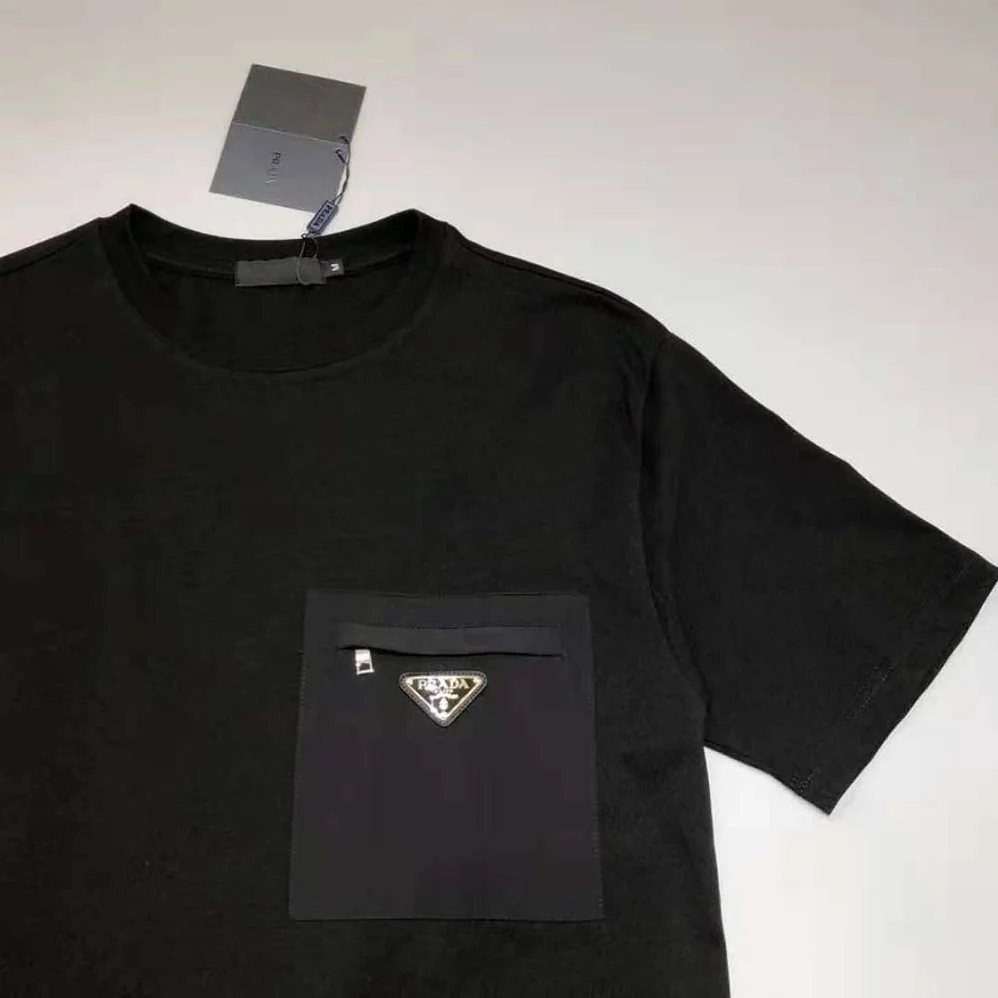 Prada Cotton T-shirt with Nylon Pocket for Men in Black