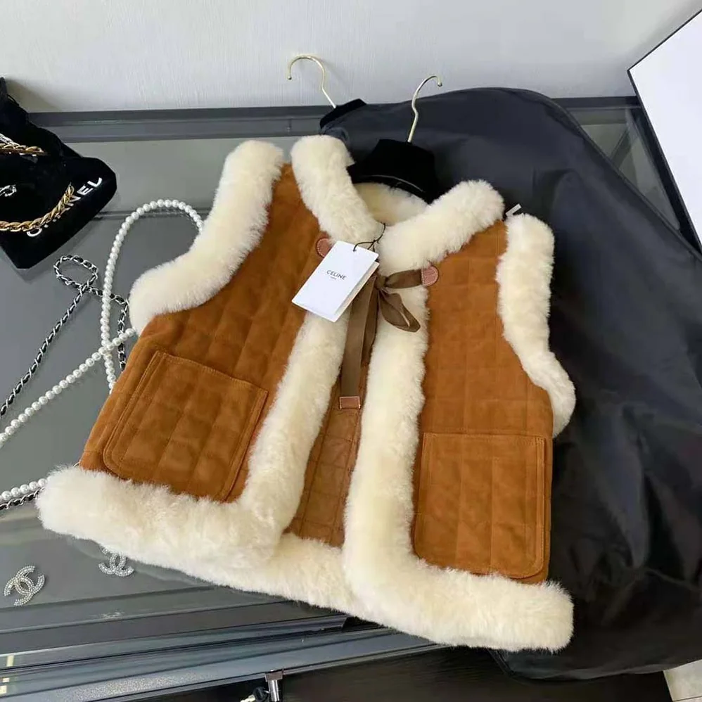 Celine Quilted Vest in Split Leather for Women in Brown