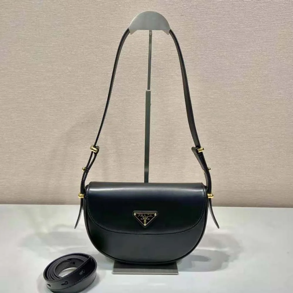Prada Arqué Leather Shoulder Bag with Flap for Women in Black Prada Arqué Leather Shoulder Bag with Flap for Women in Black