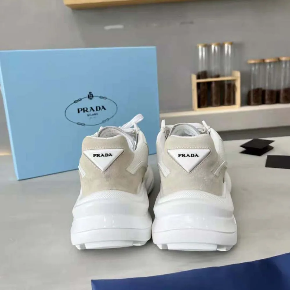 Prada Brushed Leather Sneakers with Bike Fabric and Suede Elements for Men in White Prada Brushed Leather Sneakers with Bike Fabric and Suede Elements for Men in White