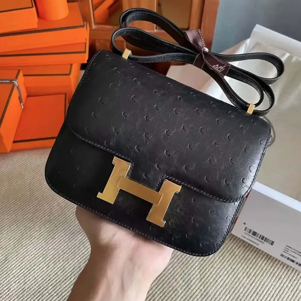 Hermes Constance 19 Bag Nata Ostrich Leather for Women in Black/Gold Hermes Constance 19 Bag Nata Ostrich Leather for Women in Black/Gold