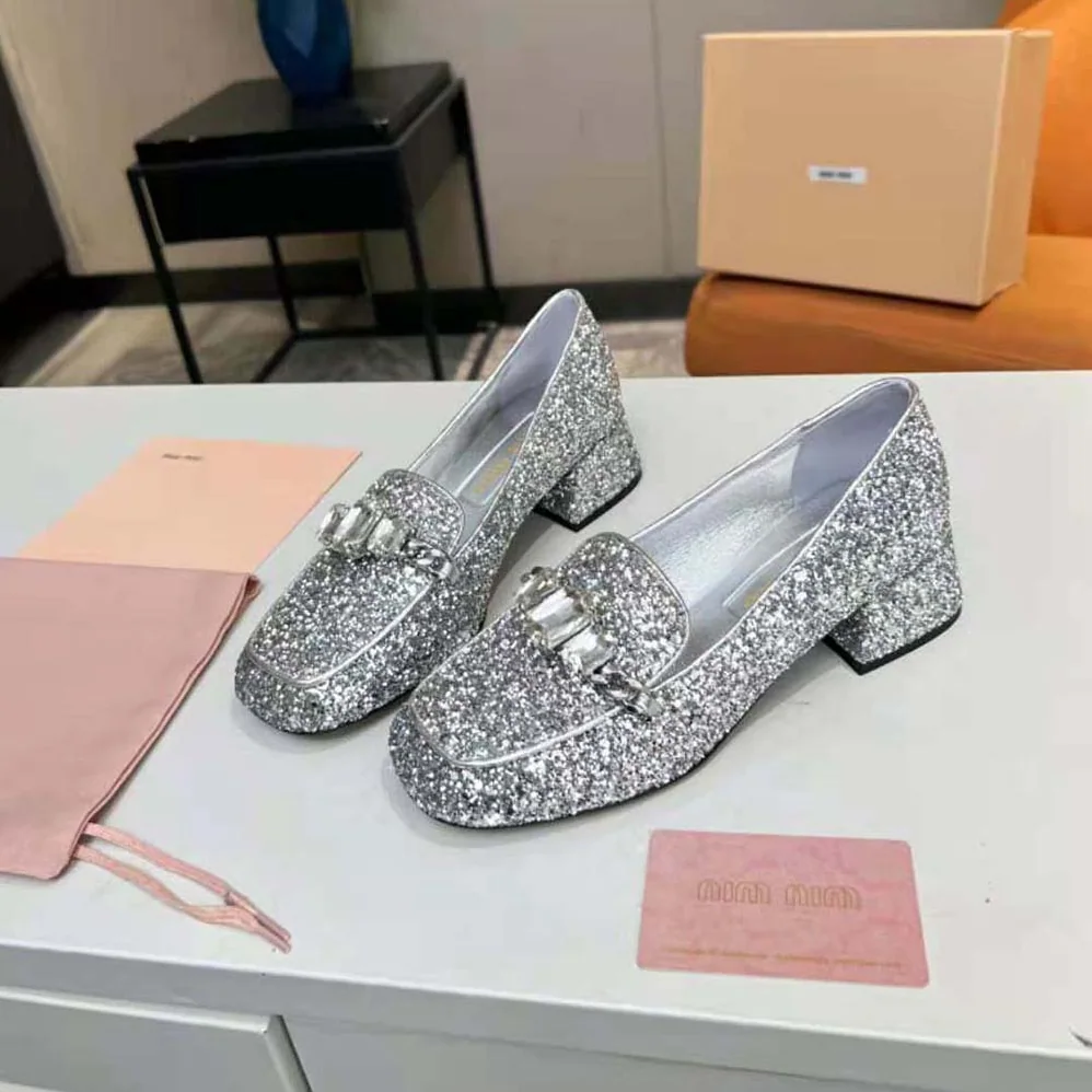 Miu Miu Glitter Fabric Loafers with Fabric Logo Label for Women Miu Miu Glitter Fabric Loafers with Fabric Logo Label for Women