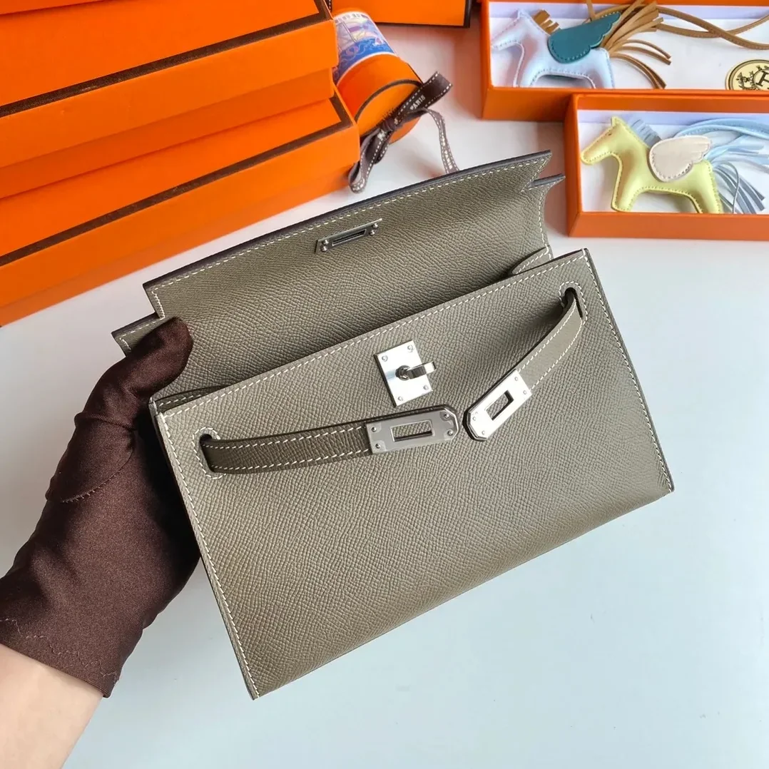 Hermes Kelly Pochette Top Handle Bag in Etoupe Epsom Palladium Hardware Hermes Kelly Pochette Top Handle Bag in Etoupe Epsom Palladium Hardware