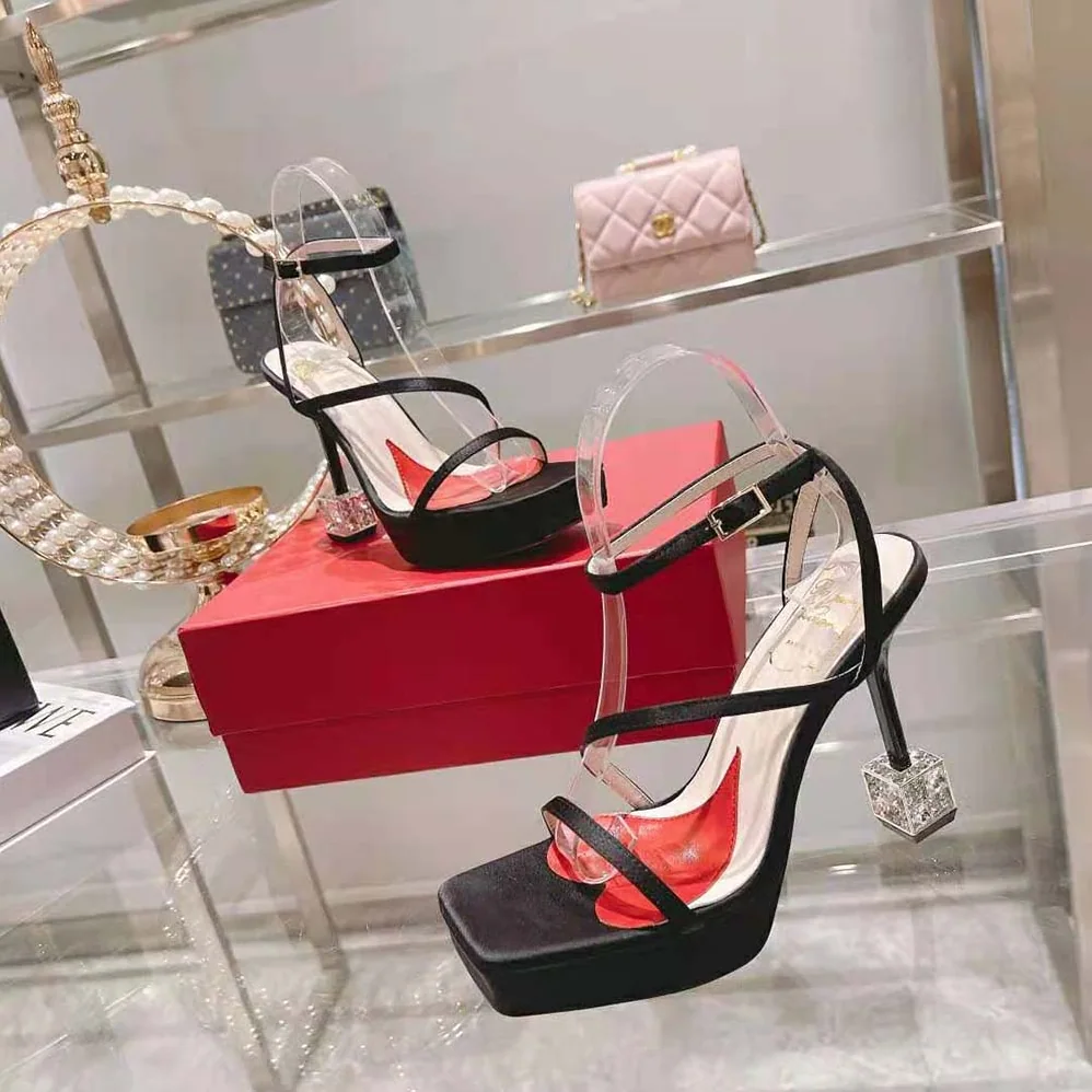 Roger Vivier Cube Strass Heel Sandals in Satin for Women in Black Roger Vivier Cube Strass Heel Sandals in Satin for Women in Black