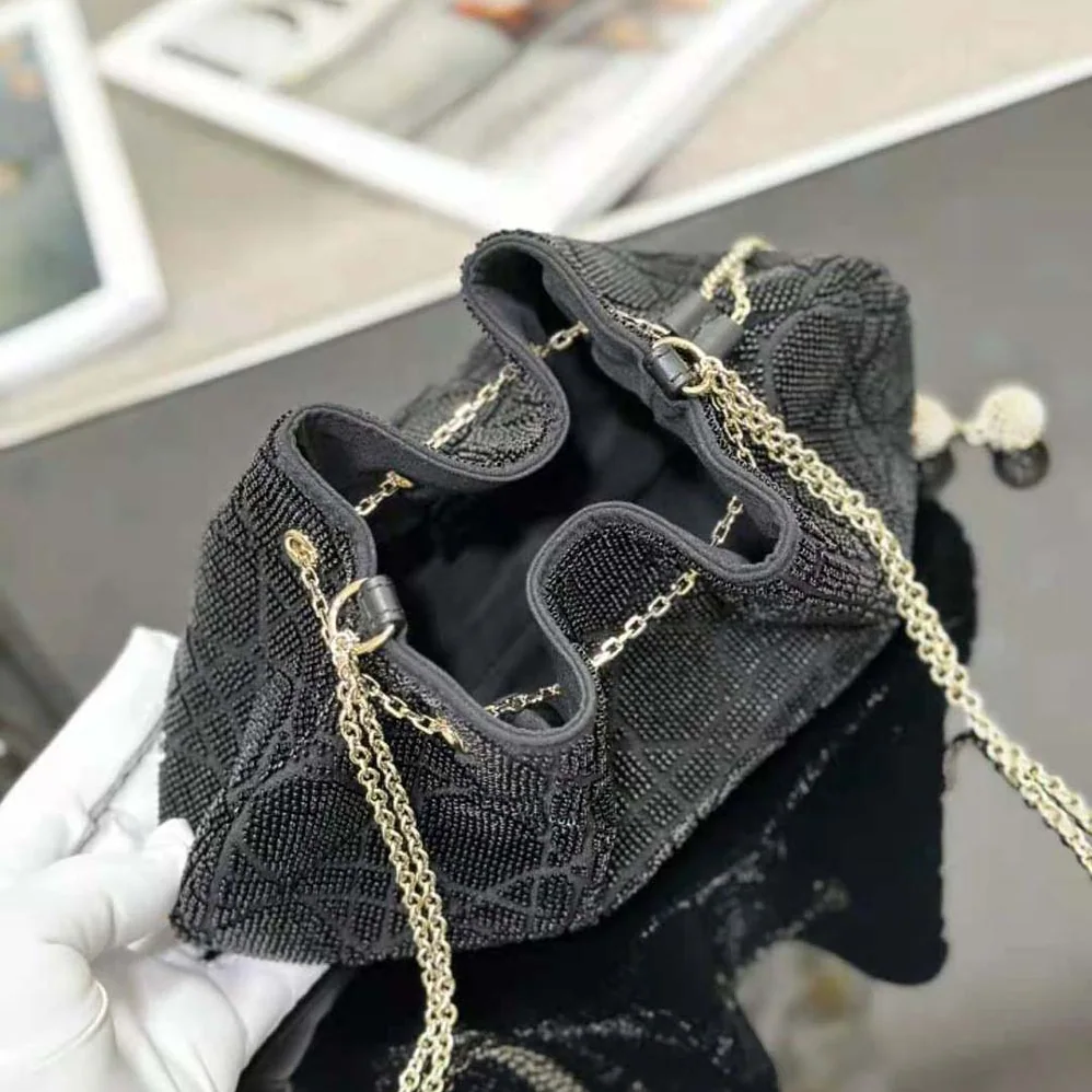 Dior Dior Dream Bucket Bag Black Cannage Cotton with Bead Embroidery for Women