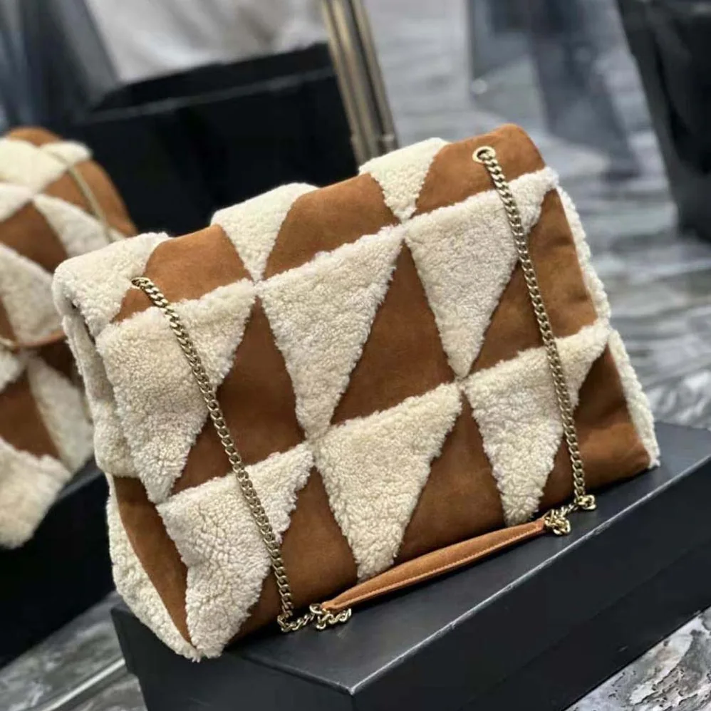 Saint Laurent YSL Jamie Giant Chain Bag “Carré Rive Gauche” in Suede and Shearling Patchwork for Women in Brown Saint Laurent YSL Jamie Giant Chain Bag “Carré Rive Gauche” in Suede and Shearling Patchwork for Women in Brown