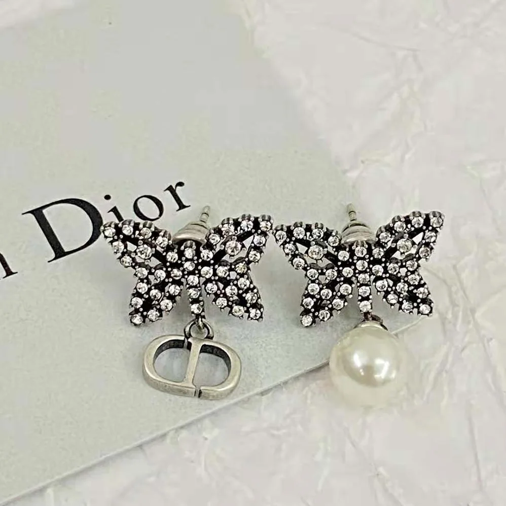 Dior Papillon De Nuit Earrings Antique Silver-Finish Metal with White Resin Pearl for Women