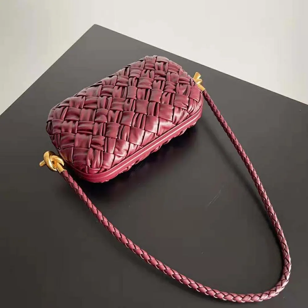 Bottega Veneta Knot On Strap Foulard Intreccio Leather Minaudiere with Strap for Women in Maroon
