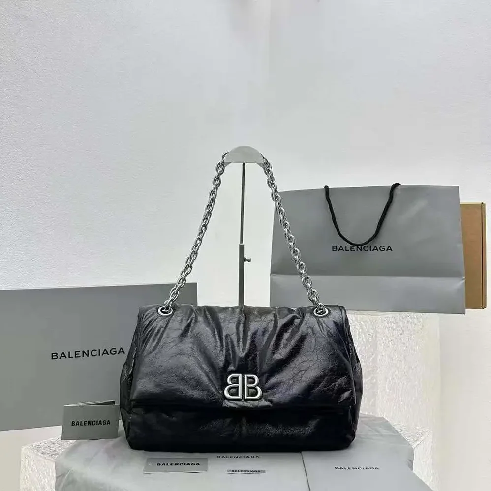 Balenciaga Monaco Large Chain Bag in Black for Women in Silver Arena Calfskin Balenciaga Monaco Large Chain Bag in Black for Women in Silver Arena Calfskin
