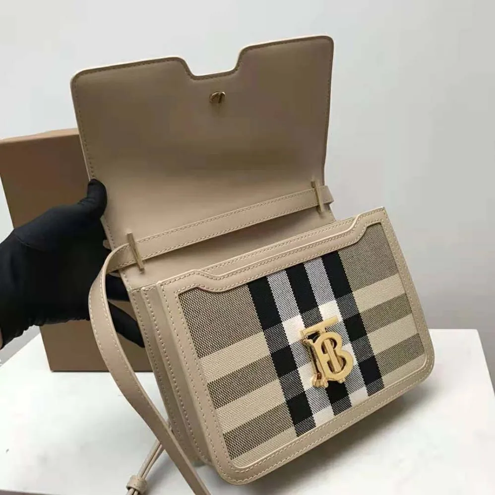 Burberry Medium Check Canvas and Leather TB Bag for Women in Beige Burberry Medium Check Canvas and Leather TB Bag for Women in Beige
