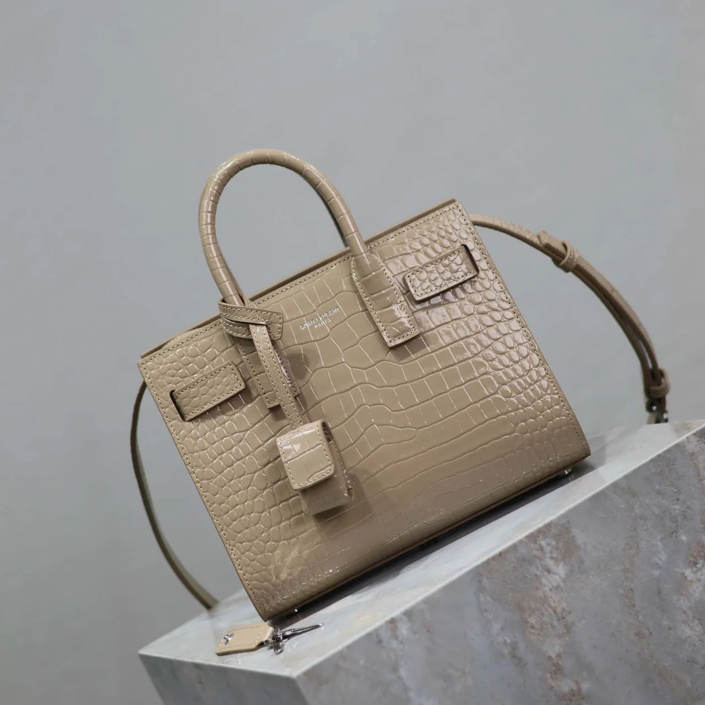 Saint Laurent YSL Sac De Jour in Crocodile Embossed Leather Nano for Women in Sandy Saint Laurent YSL Sac De Jour in Crocodile Embossed Leather Nano for Women in Sandy