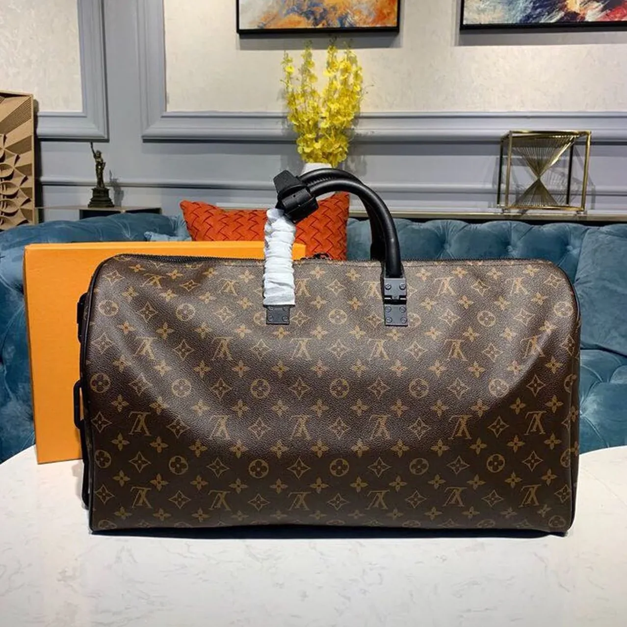 Louis Vuitton Keepall Bandouliere 50 Travel Bag / Black in Orange Monogram Black Hardware Louis Vuitton Keepall Bandouliere 50 Travel Bag / Black in Orange Monogram Black Hardware