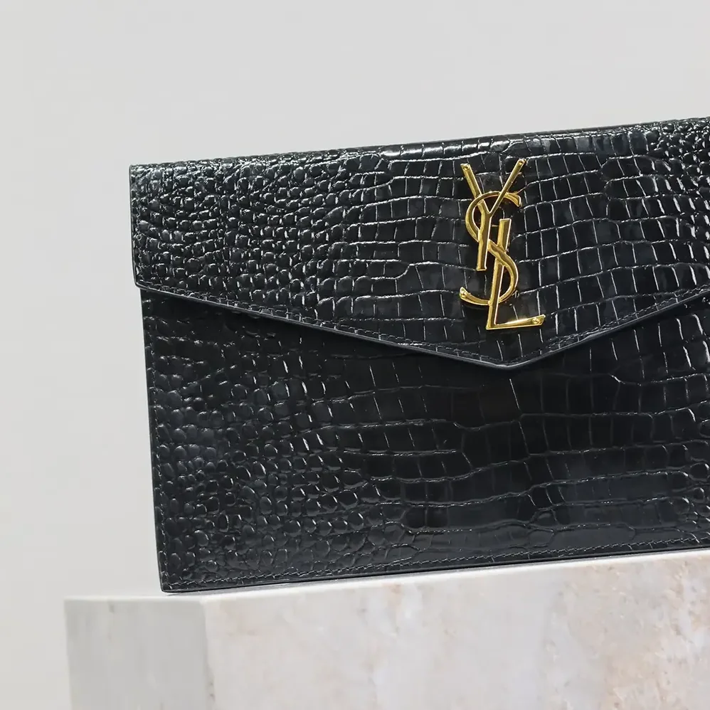 Saint Laurent YSL Uptown Pouch in Crocodile-embossed Shiny Leather for Women in Black