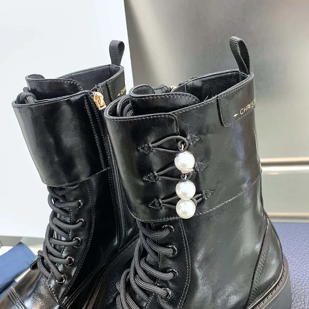 Dior D-Strike Ankle Boot Black Matte Calfskin and White Resin Pearls for Women Dior D-Strike Ankle Boot Black Matte Calfskin and White Resin Pearls for Women