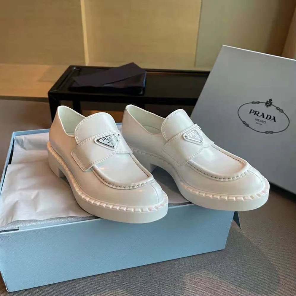 Prada Brushed Leather Loafers for Women in White Prada Brushed Leather Loafers for Women in White