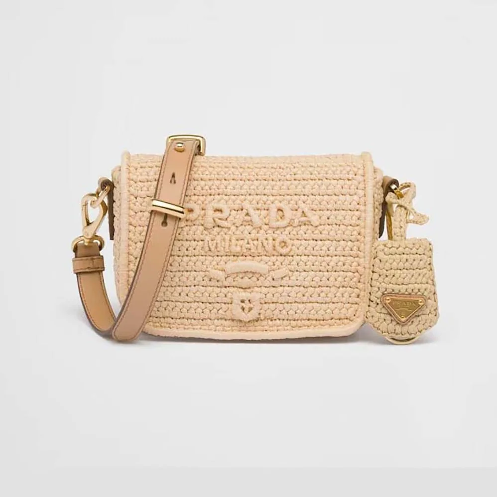 Prada Crochet and Leather Shoulder Bag with Flap for Women Prada Crochet and Leather Shoulder Bag with Flap for Women