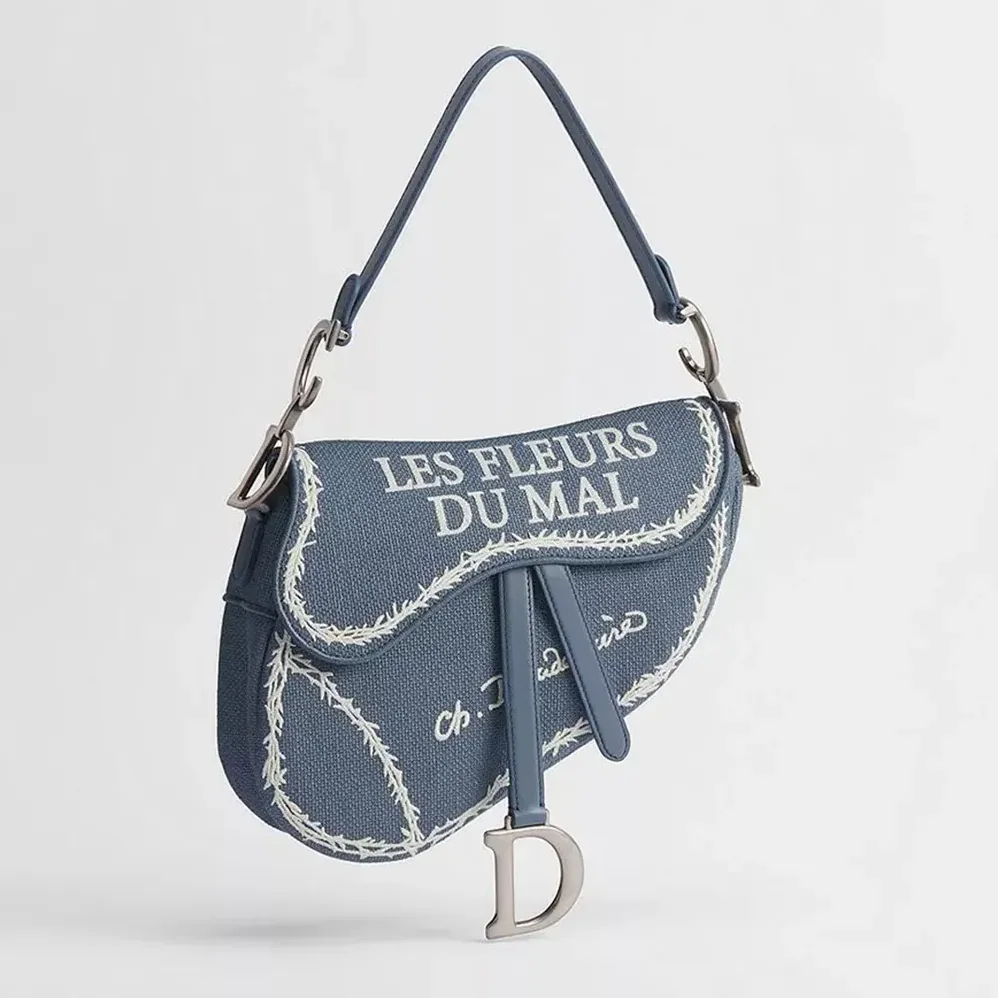 Dior Saddle Bag with Strap Blue and White Book Cover Embroidery for Women